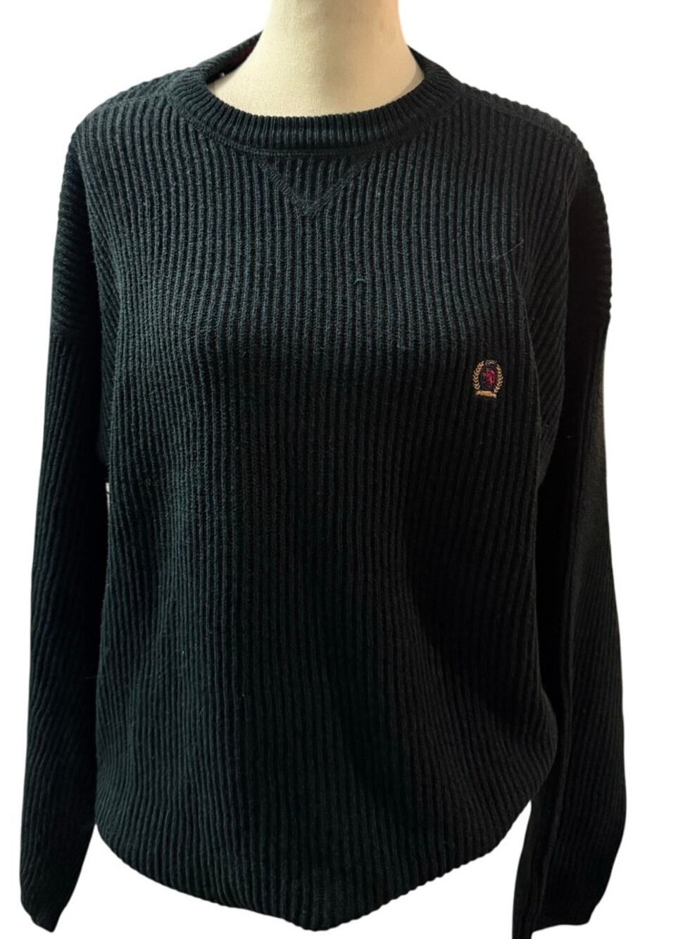 Tommy Hilfiger Ribbed Cotton Crewneck Sweater, Black Crest Logo, Men’s Large